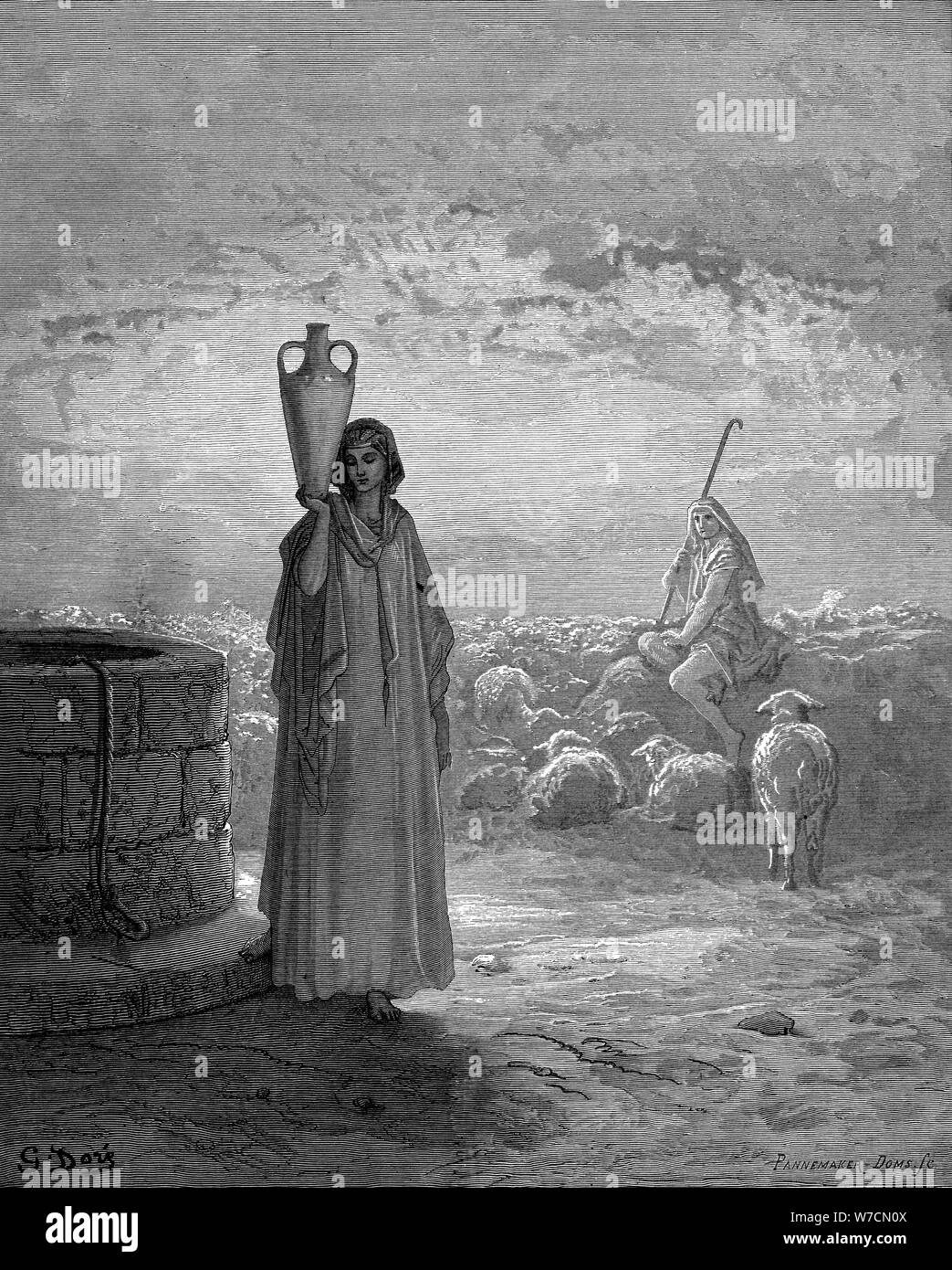 Giacobbe, mantenendo Labano greggi, vede Rachele al pozzo, 1866. Artista: Gustave Doré Foto Stock