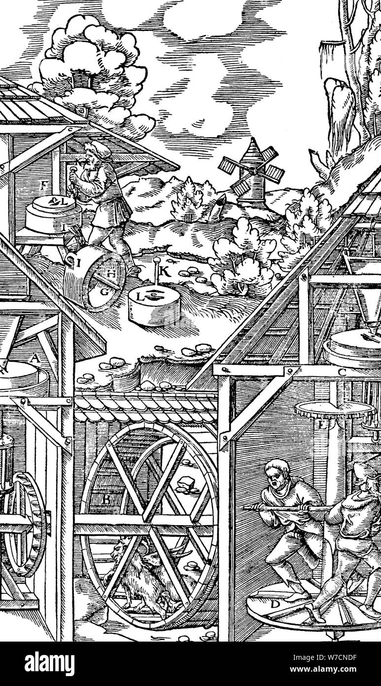 Oro di frantumazione minerali del cuscinetto in mulini simili in linea di principio ai mulini di farina, 1556. Artista: sconosciuto Foto Stock