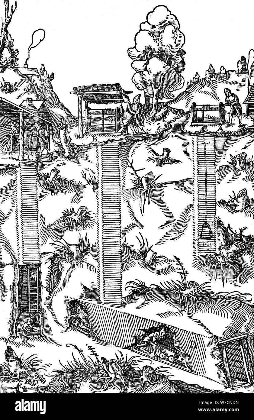 Vista in sezione di una miniera che mostra gli alberi e gallerie, 1556. Artista: sconosciuto Foto Stock