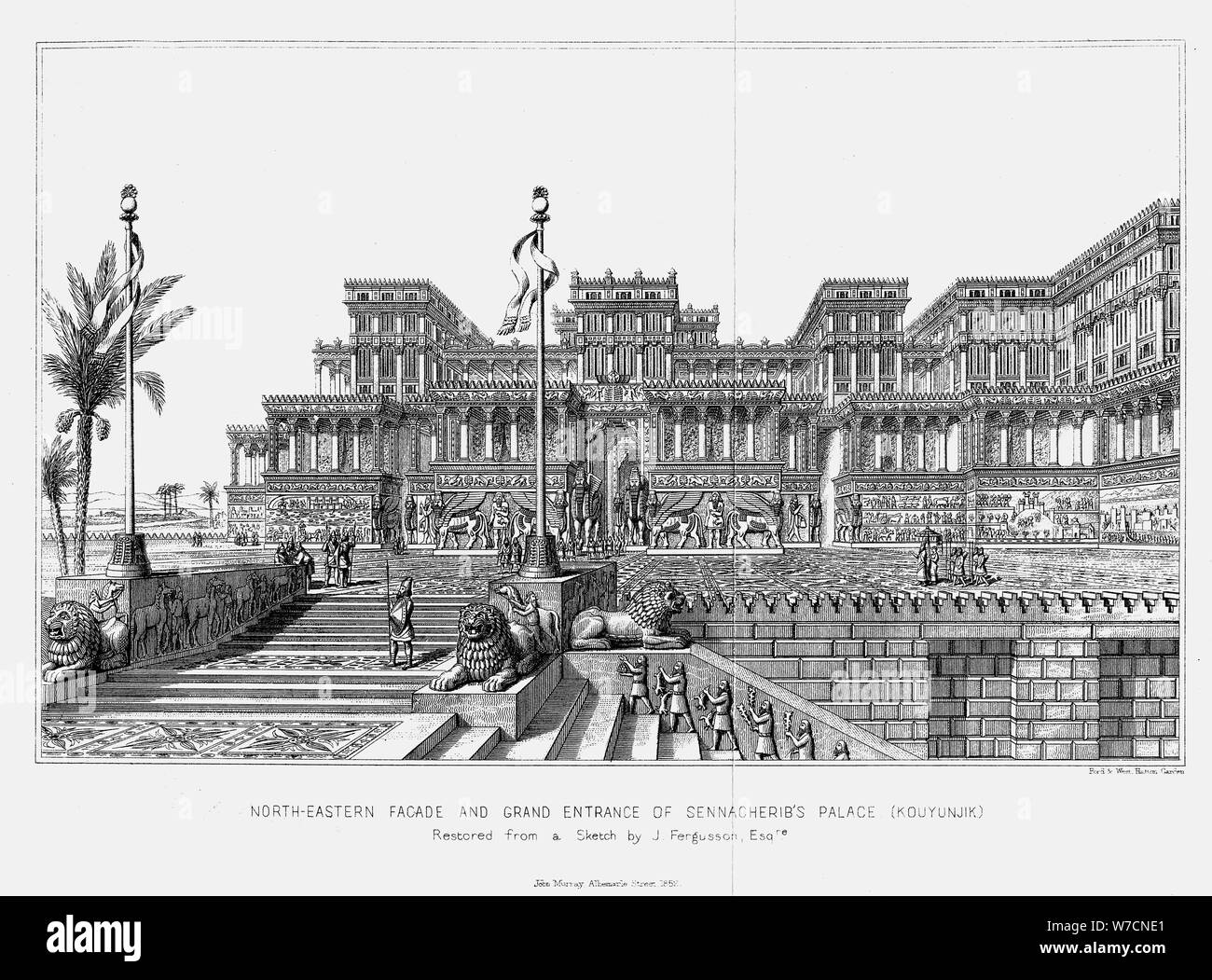 La ricostruzione del nord-est della facciata di Sennacherib's Palace (Kouyunjik), assiro, 1853. Artista: sconosciuto Foto Stock