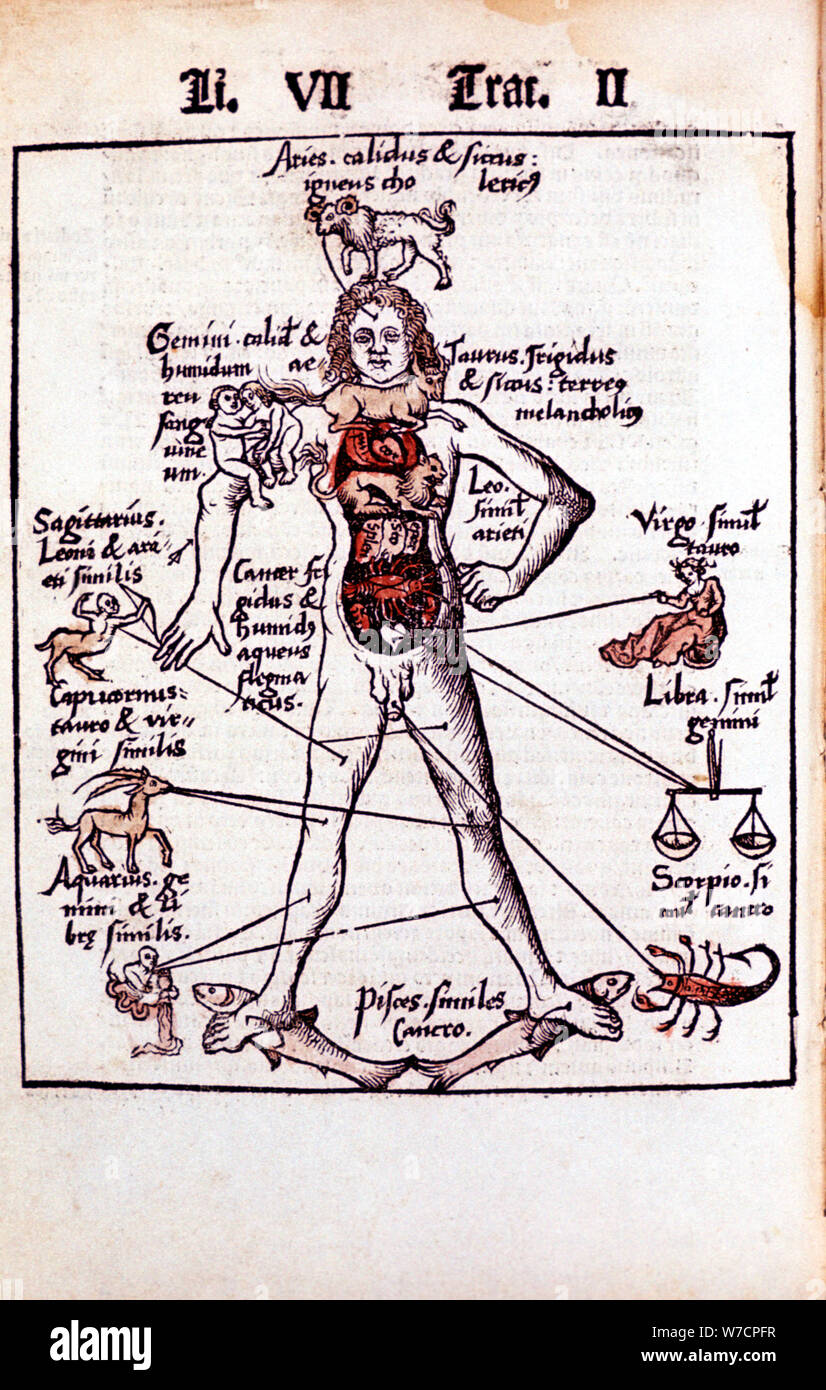 Rapporto degli organi del corpo, gli umori e i segni dello zodiaco, 1508. Artista: sconosciuto Foto Stock