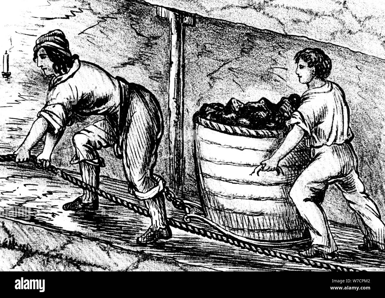 Donna e un ragazzo che lavorano in una miniera di carbone, Bolton, Lancashire, 1848. Artista: sconosciuto Foto Stock