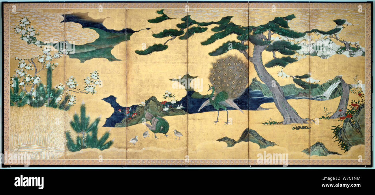 'Pini e Pavoni", Giapponese periodo Edo, inizio del XVII secolo. Artista: Anon Foto Stock