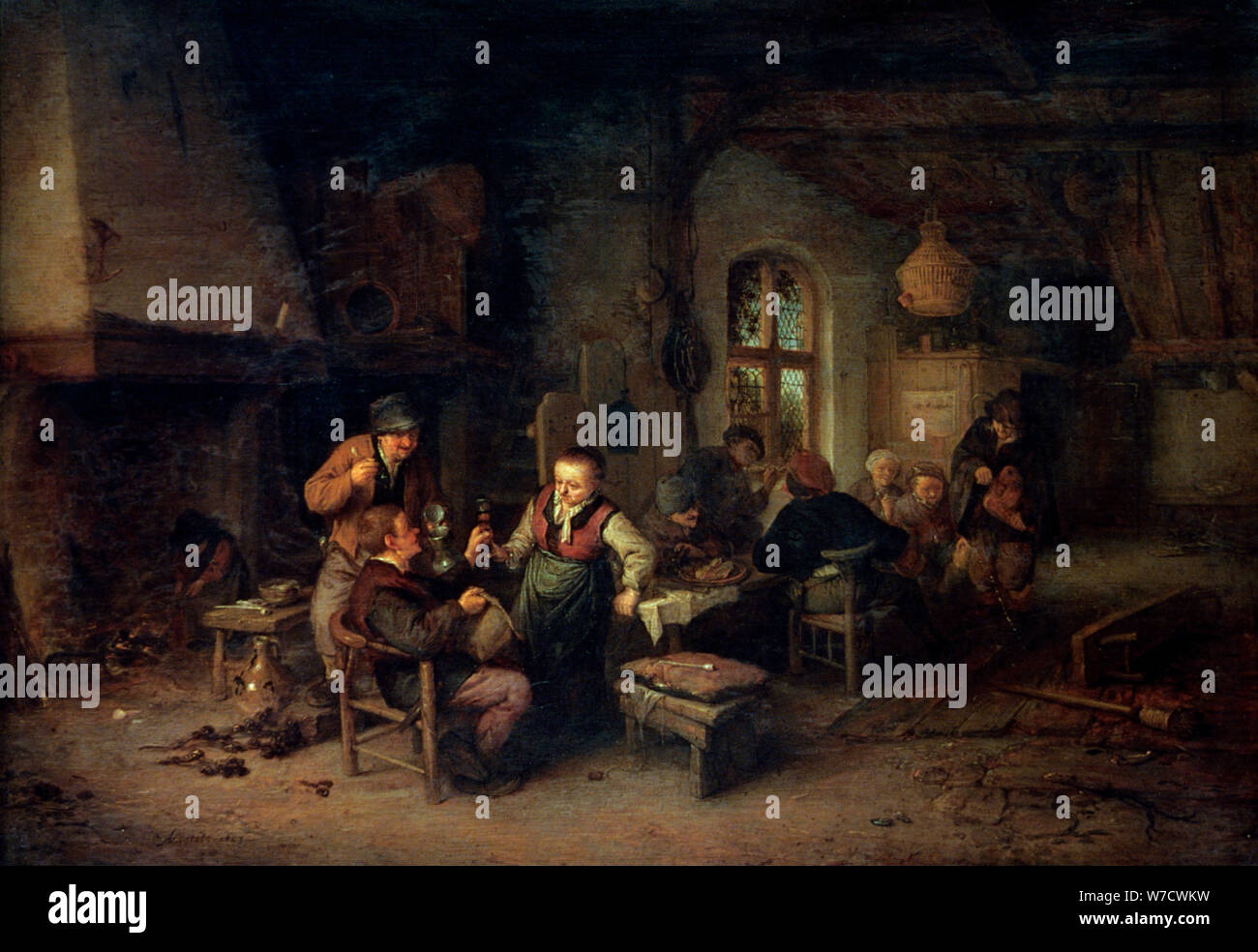 'L'interno di una Locanda con nove contadini e un lettore Hurdy-Gurdy", 1653. Artista: Adriaen van Ostade Foto Stock