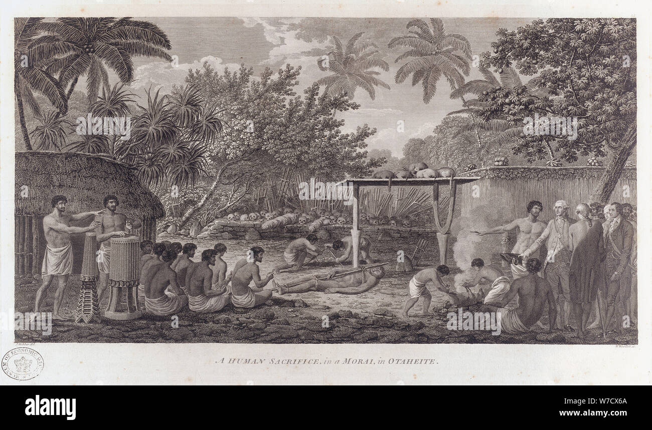 Il sacrificio umano a Tahiti nel Pacifico del sud, c1773. Artista: W Woollett Foto Stock