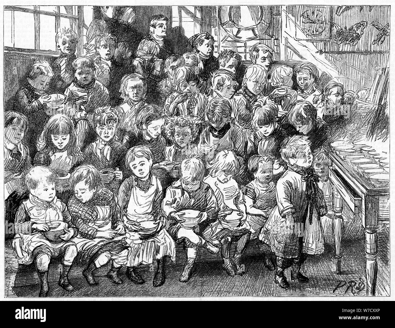 I bambini in attesa per la minestra a ora di cena, Londra Board School, Danimarca terrazza, Islington, 1889. Artista: sconosciuto Foto Stock