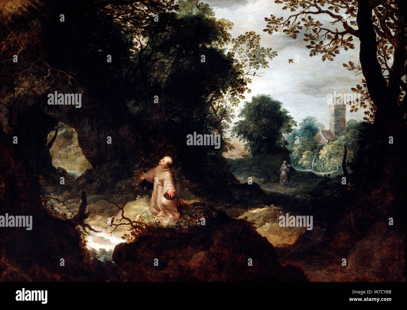'Paesaggio roccioso con San Francesco, all'inizio del XVII secolo. Artista: Abraham Govaerts Foto Stock