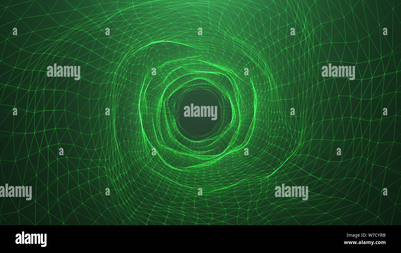 Abstract digital wormhole, tunnel verde costituito da particelle di spumanti e linee. Attraverso la rete digitale bella blu particelle. Viaggio thr Foto Stock
