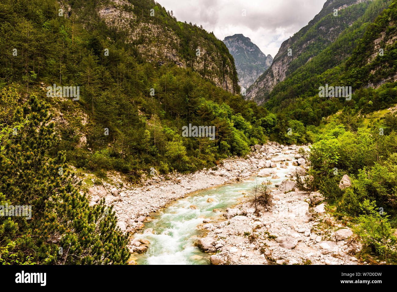 La curva del fiume Torrente Cimoliana nei pressi di Cimolais, Friuli Venezia Giulia, Italia Foto Stock