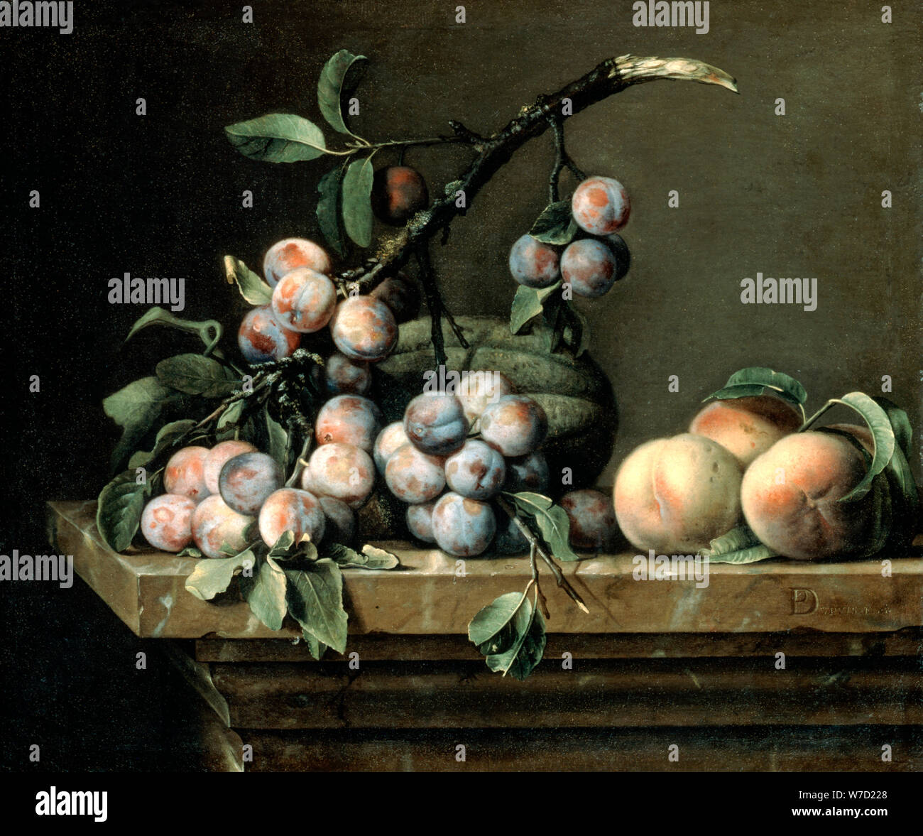"Prugne, melone e pesche ", c1630-1680. Artista: Pierre Dupuis Foto Stock