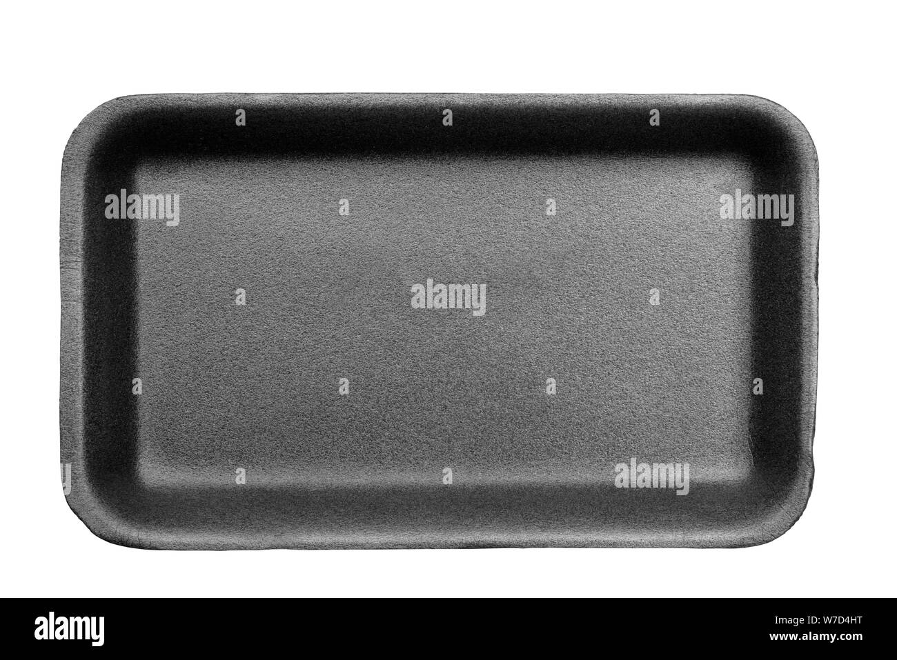 Styrofoam nero vassoio per alimenti isolati su sfondo bianco. Foto Stock