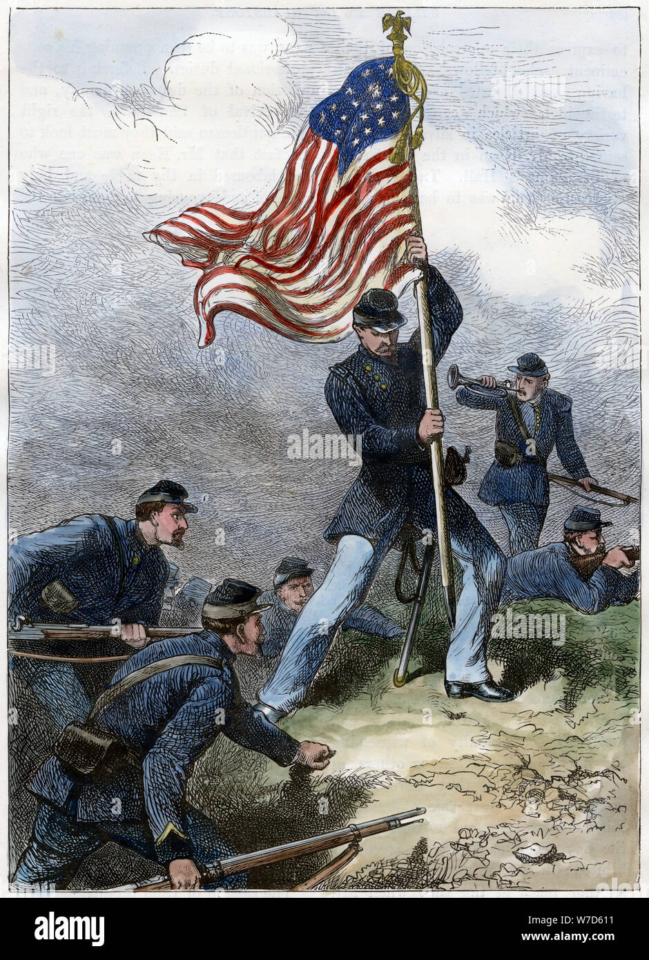 Piantare la bandiera europea su un bastione, Assedio di Vicksburg, 1863. Artista: sconosciuto Foto Stock