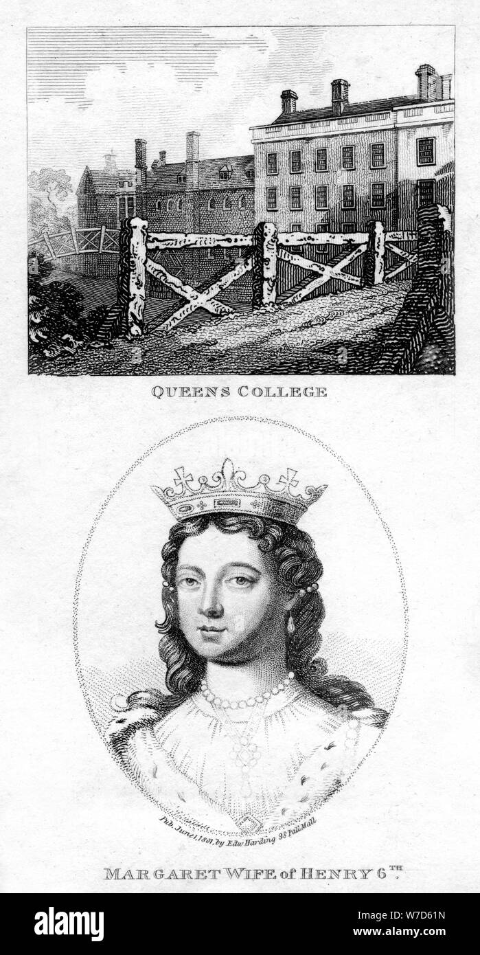 Queens College di Cambridge e Margherita di Anjou, regina consorte di Enrico VI, 1801. Artista: sconosciuto Foto Stock