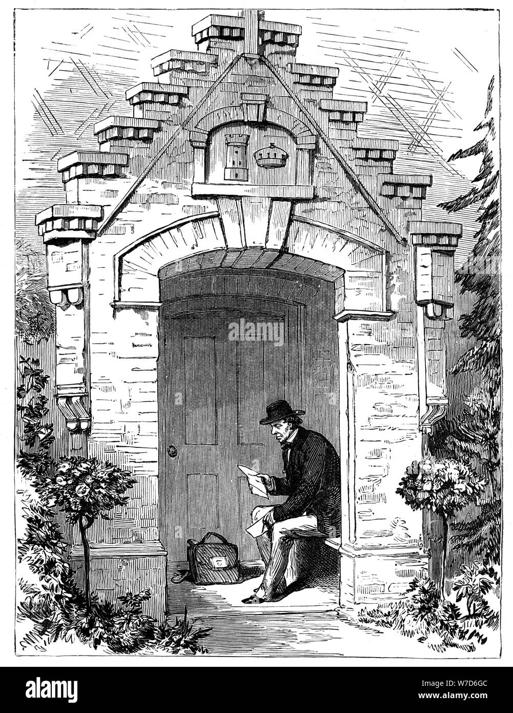 Benjamin Disraeli (1804-1881) leggere le lettere che compongono il portico di Hughenden Lodge, xix secolo. Artista: sconosciuto Foto Stock