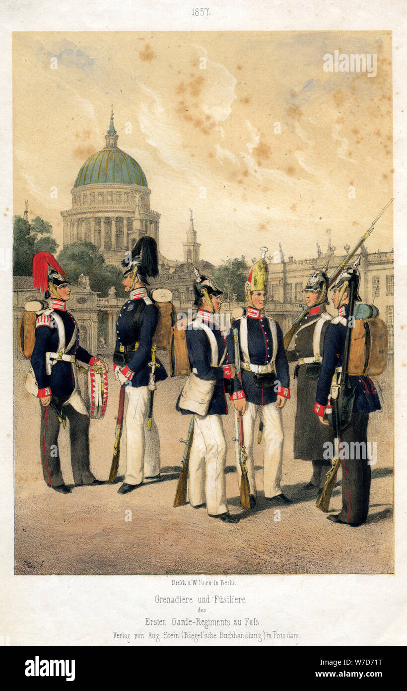 Granatieri e fusiliers dell'esercito prussiano, 1857.Artista: W Korn Foto Stock