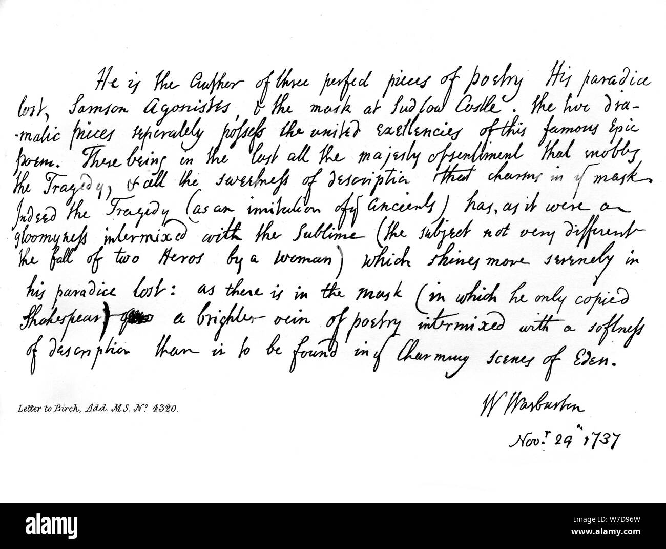 Parte di una lettera del Vescovo Warburton, rispettando le poesie di Milton, 1737, (1840). Artista: William Warburton Foto Stock
