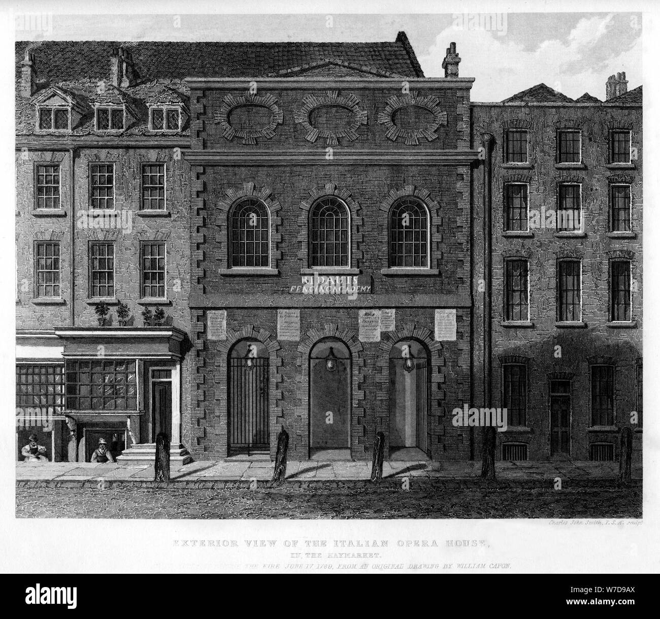 Vista esterna del teatro italiano, Haymarket, XVIII secolo (1840). Artista: Charles John Smith Foto Stock