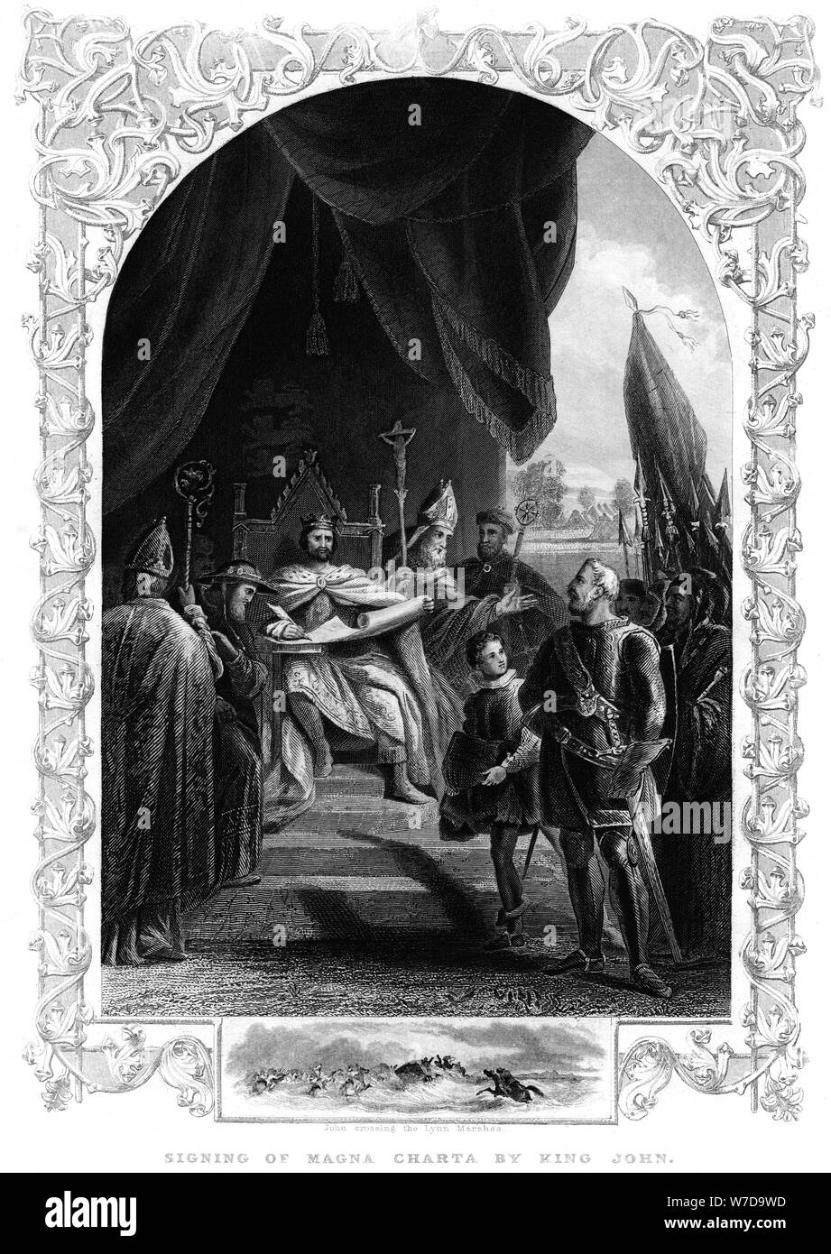 Il re Giovanni (1167-1216) firma la Magna Carta a Runnymede, 1215. Artista: sconosciuto Foto Stock