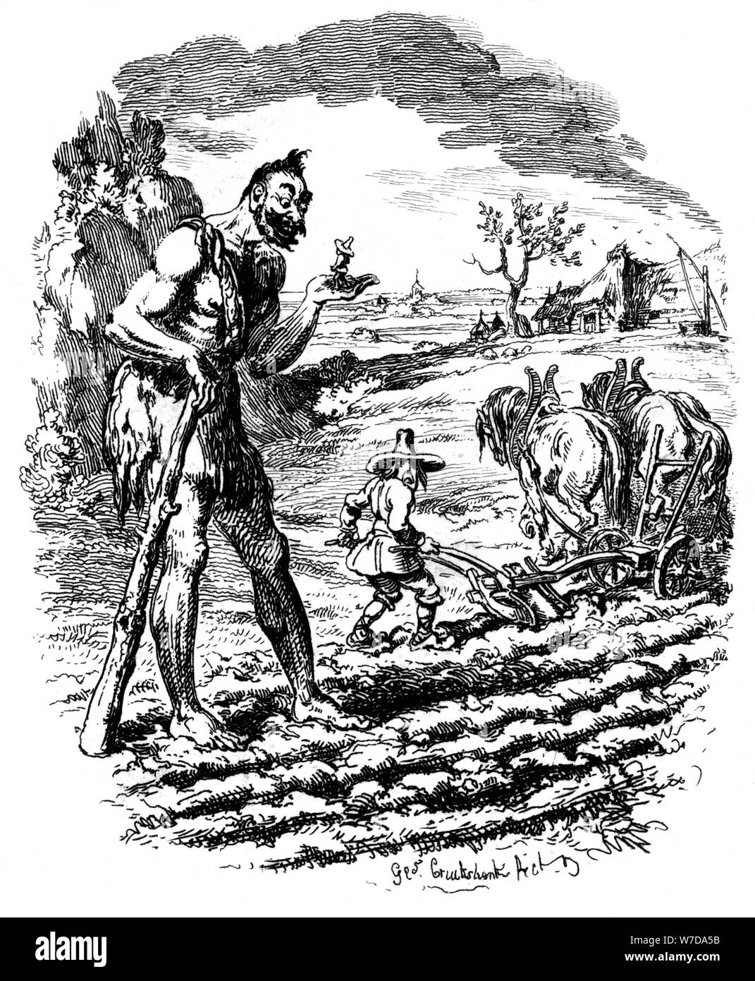 Un gigante sorge in un campo come un contadino ara, XIX secolo.Artista: George Cruikshank Foto Stock