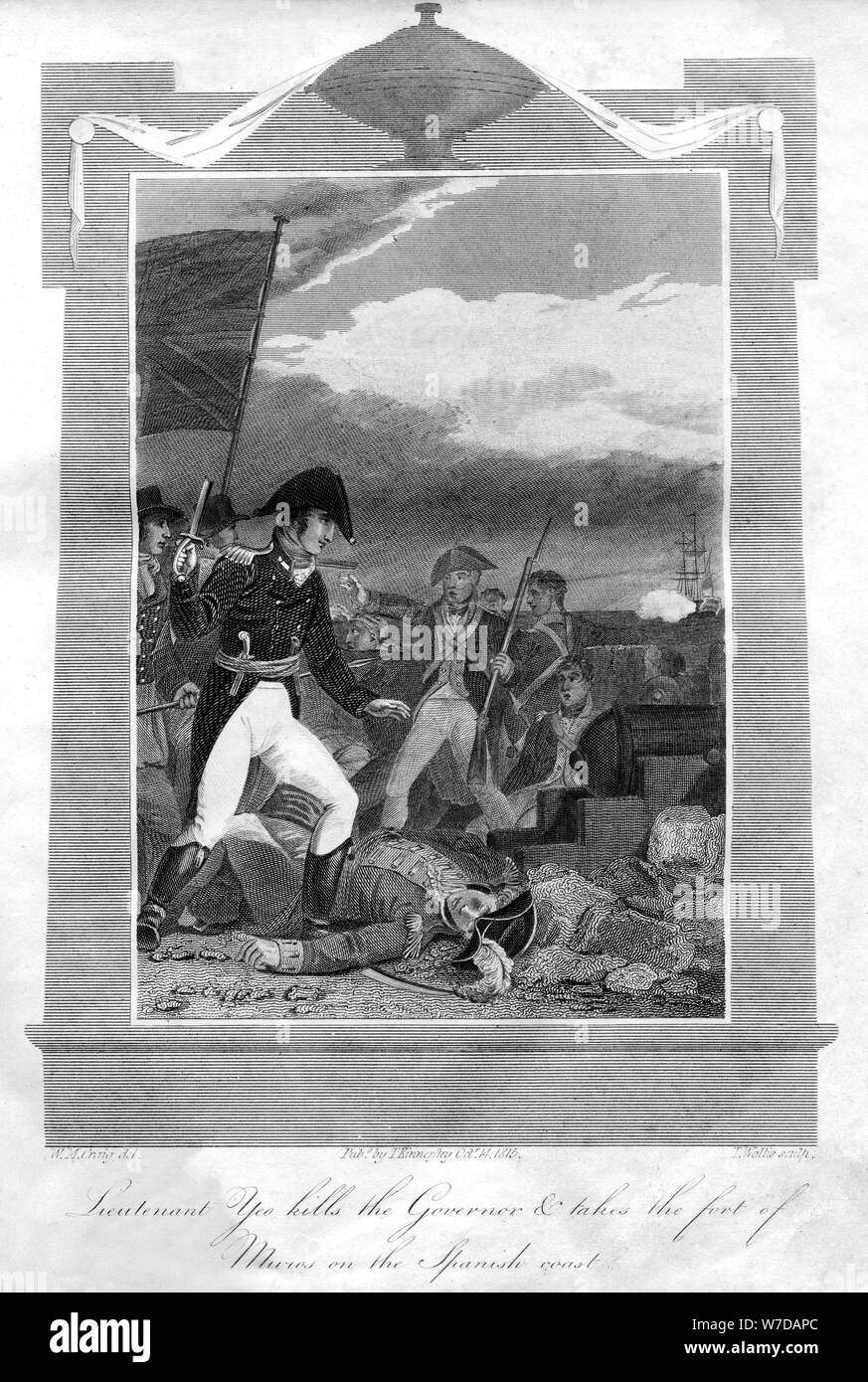 Il tenente Yeo uccide il governatore e prende il fort di Muros sulla costa spagnola, 1816. Artista: T Wallis Foto Stock
