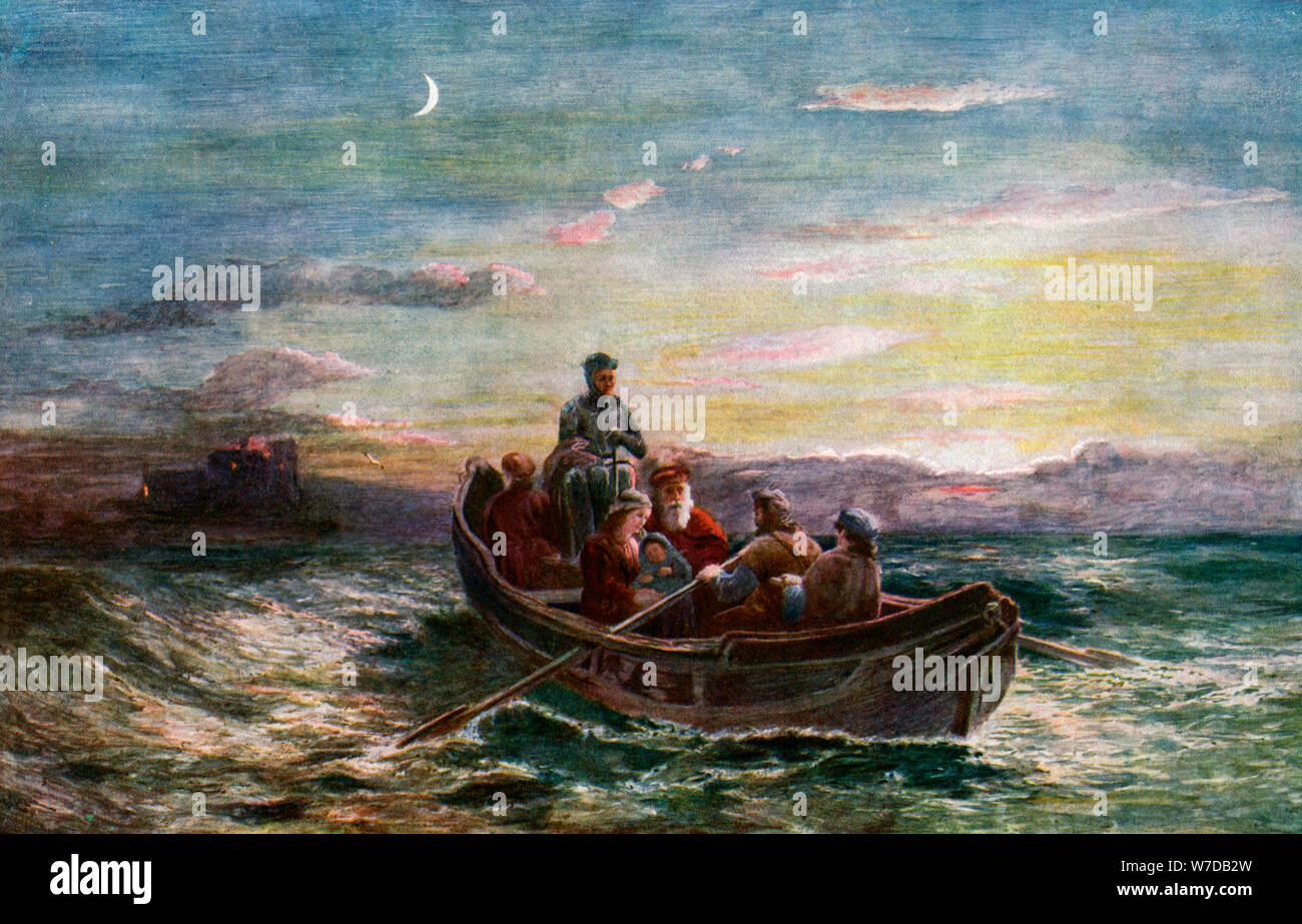 La fuga di Maria Regina di Scozia da Loch Leven Castle", secolo XIX, (c1920). Artista: sconosciuto Foto Stock