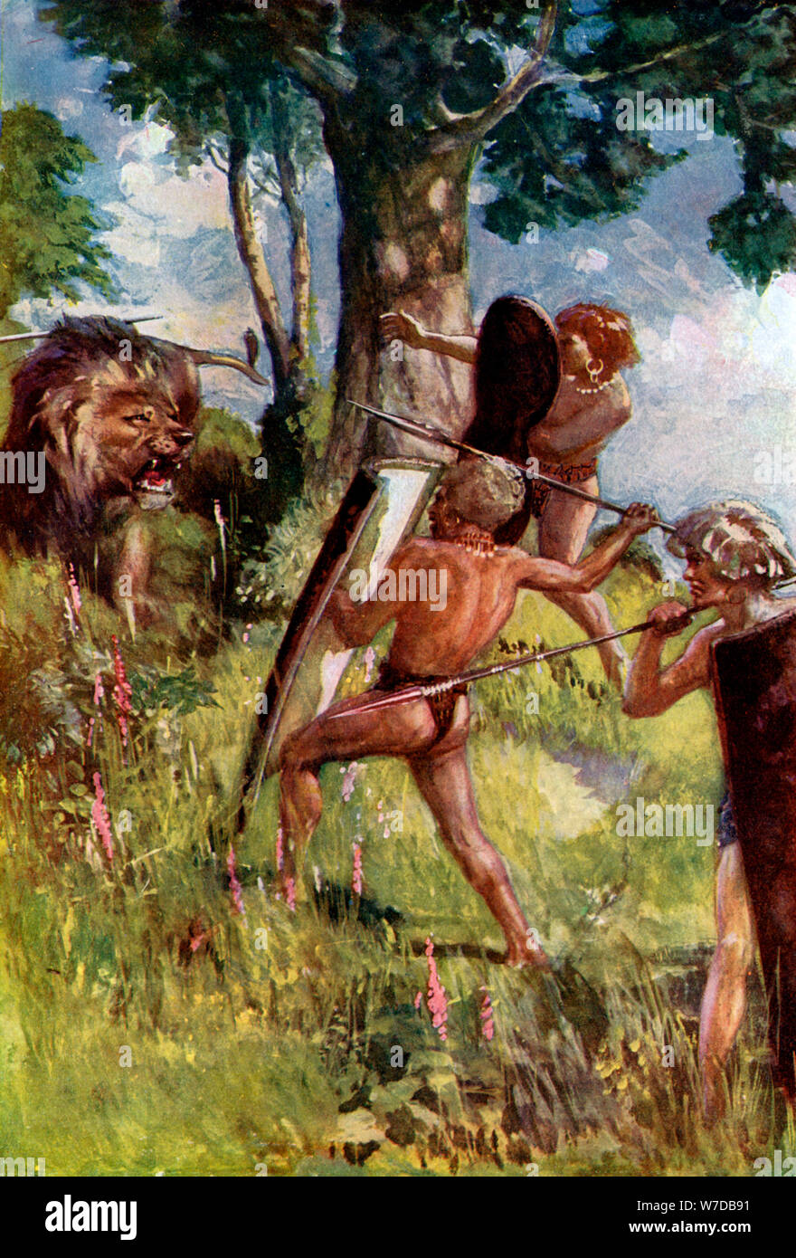 Lion cacciatori della comunità Età del Bronzo, (c1920). Artista: sconosciuto Foto Stock