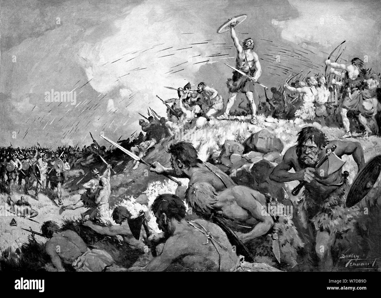La battaglia di Mons Badonicus, c500 AD (c1920).Artista: C Dudley Tennant Foto Stock