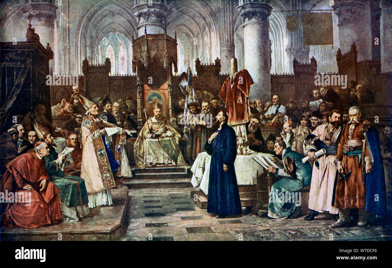 'Jan Hus prima del Concilio di Costanza', 1415 (1926).Artista: Vaclav Brozik Foto Stock