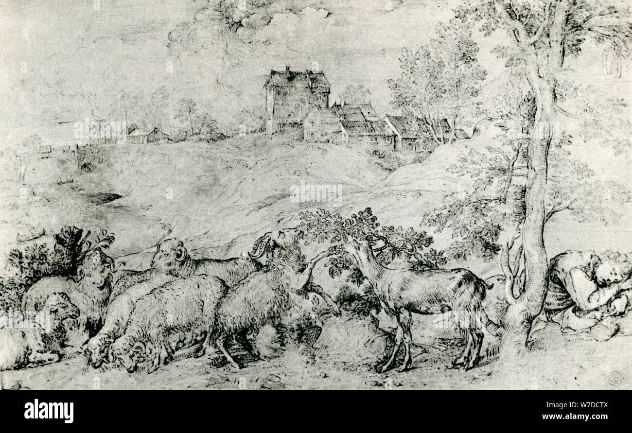 'Paesaggio con gregge di pecore', c1520, (1937). Artista: Tiziano Foto Stock