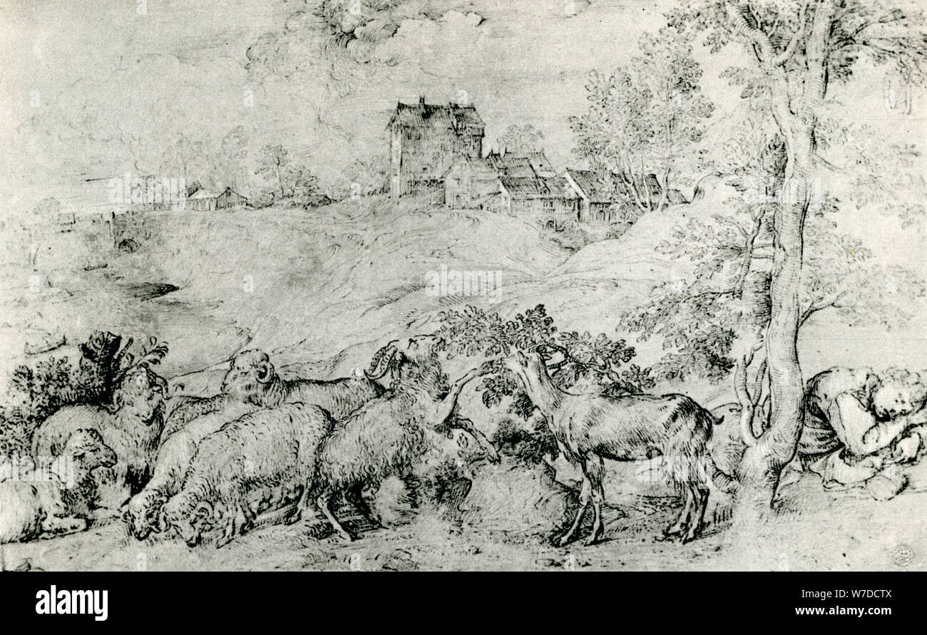 'Paesaggio con gregge di pecore', c1520, (1937). Artista: Tiziano Foto Stock 'Paesaggio con gregge di pecore', c1520, (1937). Artista: Tiziano Foto Stock
