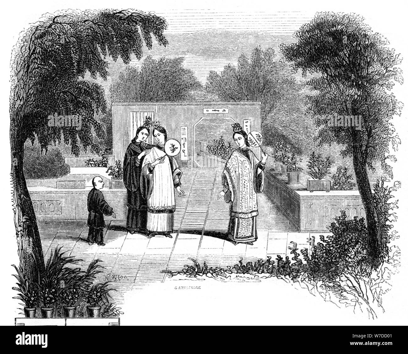 "Signore camminando, giardino scene di una delle classi ricche', 1847. Artista: Armstrong Foto Stock