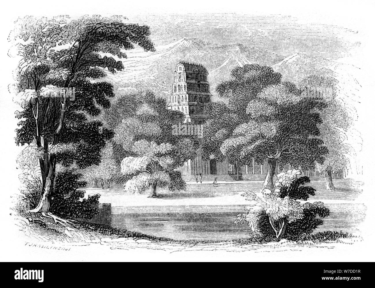 Paesaggio indiano e il tempio, 1847. Artista: Robinson Foto Stock