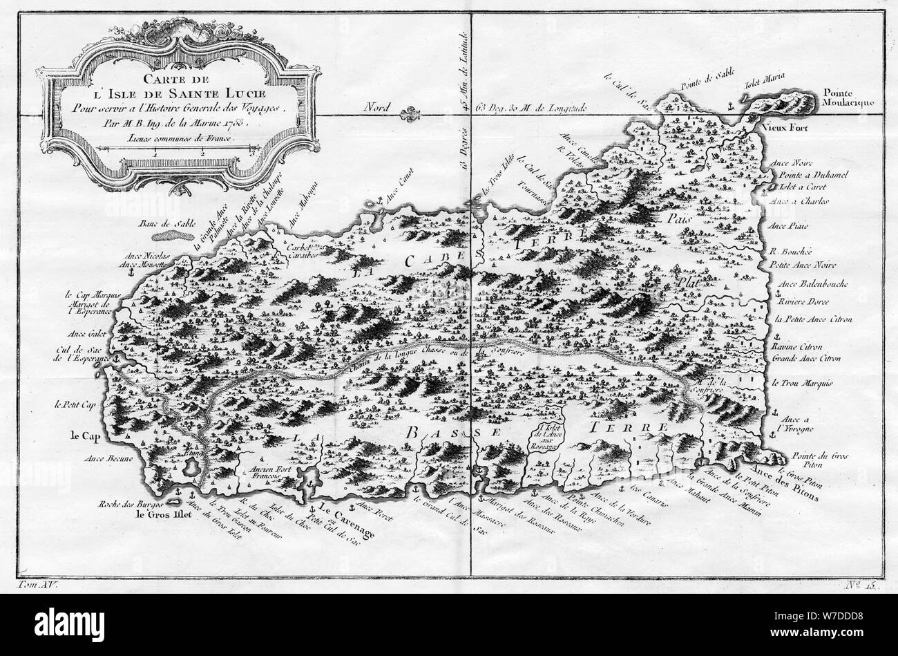 Una mappa di St Lucia, West Indies, 1758.Artista: N Bellun Foto Stock
