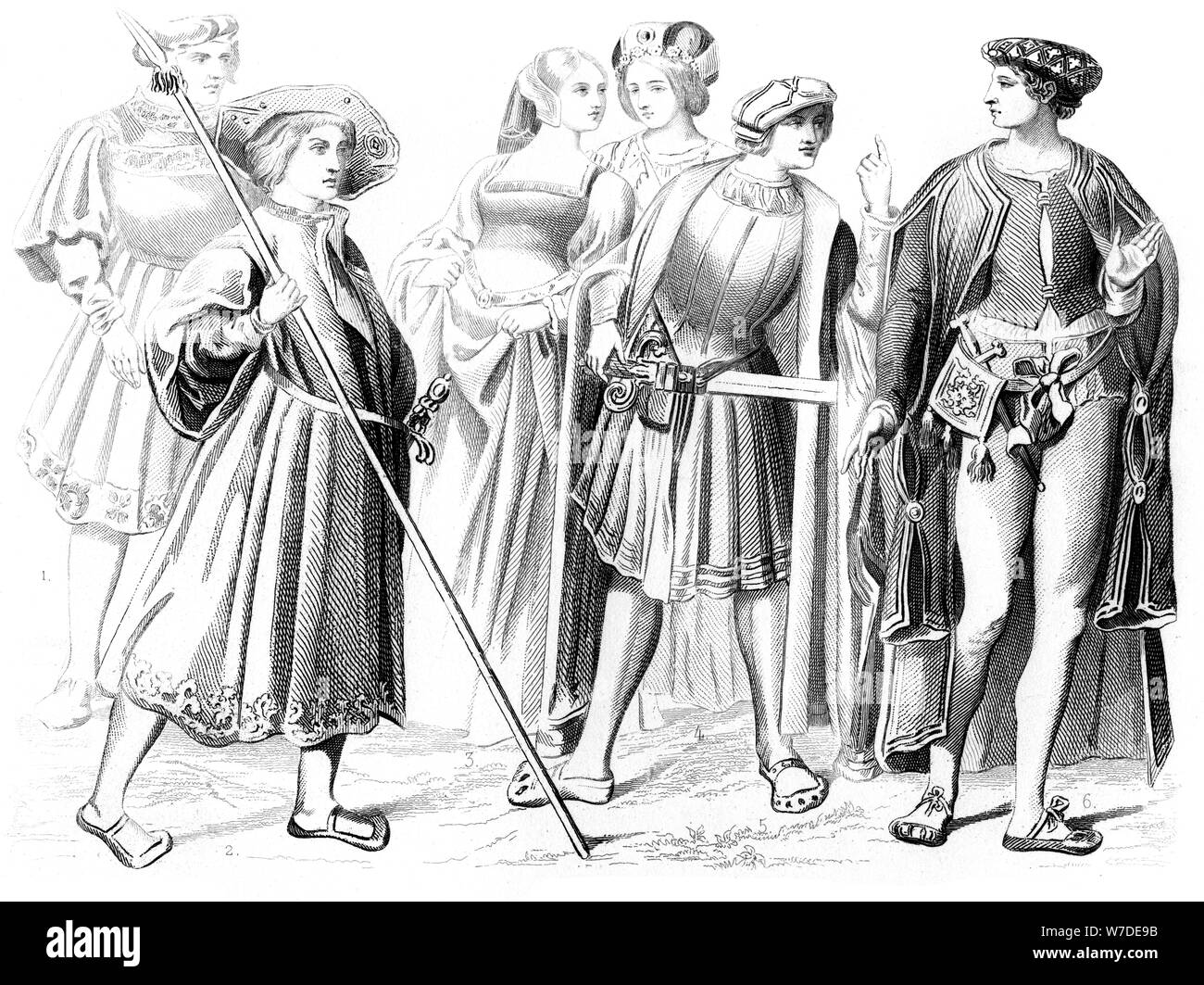 Il francese di nobili e di donne, un yeomen della guardia, e un gentiluomo del XV secolo (1849). Artista: sconosciuto Foto Stock