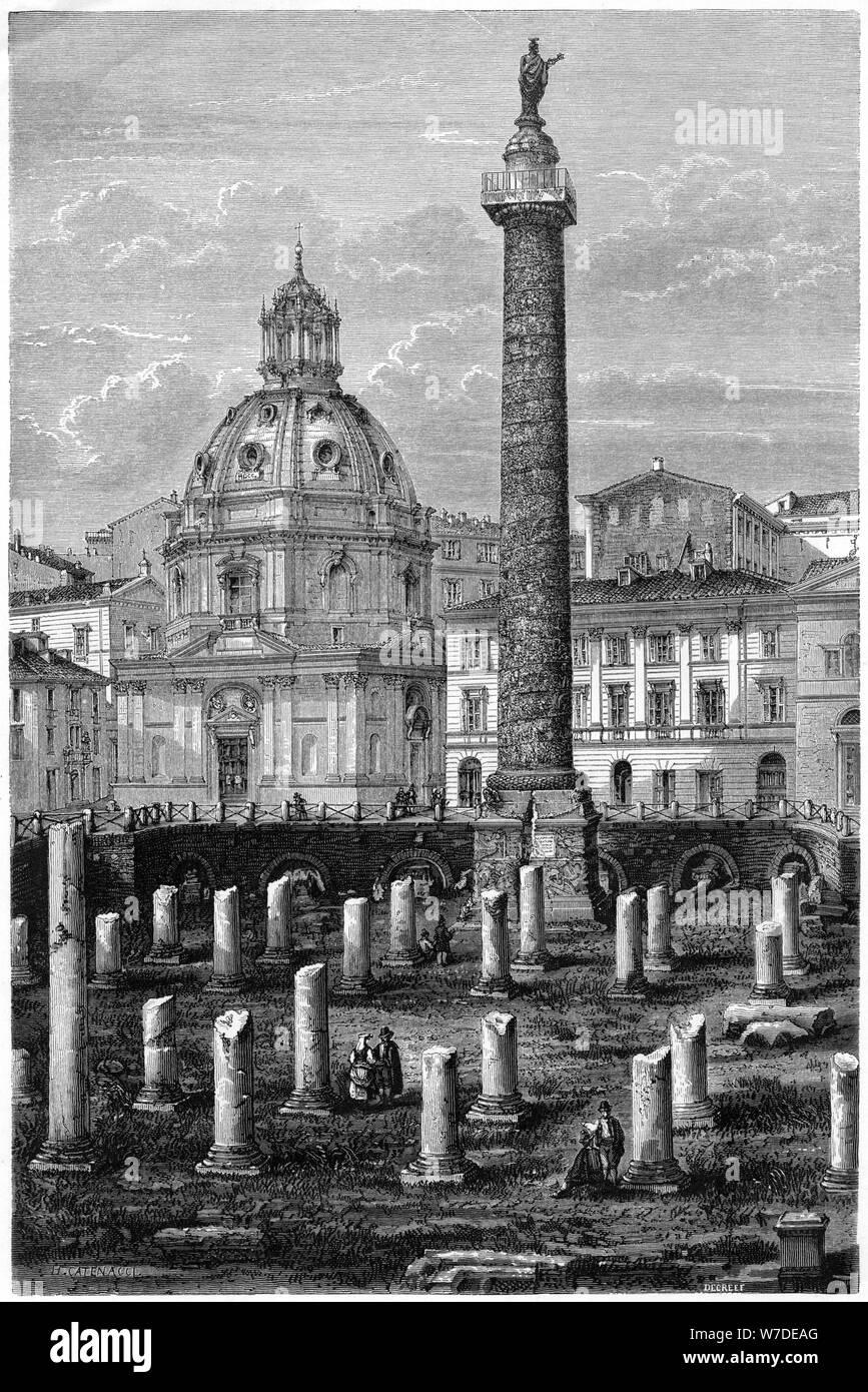 Colonna di Traiano e Ulpian la Basilica, Foro Romano, Roma, Italia, XIX secolo.Artista: Decreef Foto Stock