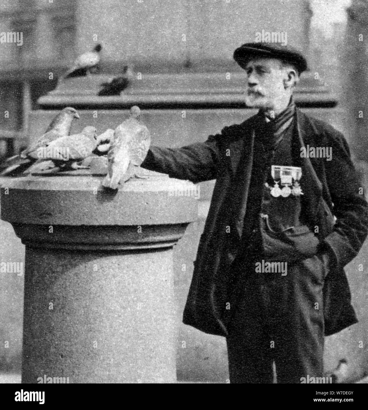 Un vecchio soldato con alcuni piccioni, Trafalgar Square, Londra, 1926-1927.Artista: McLeish Foto Stock