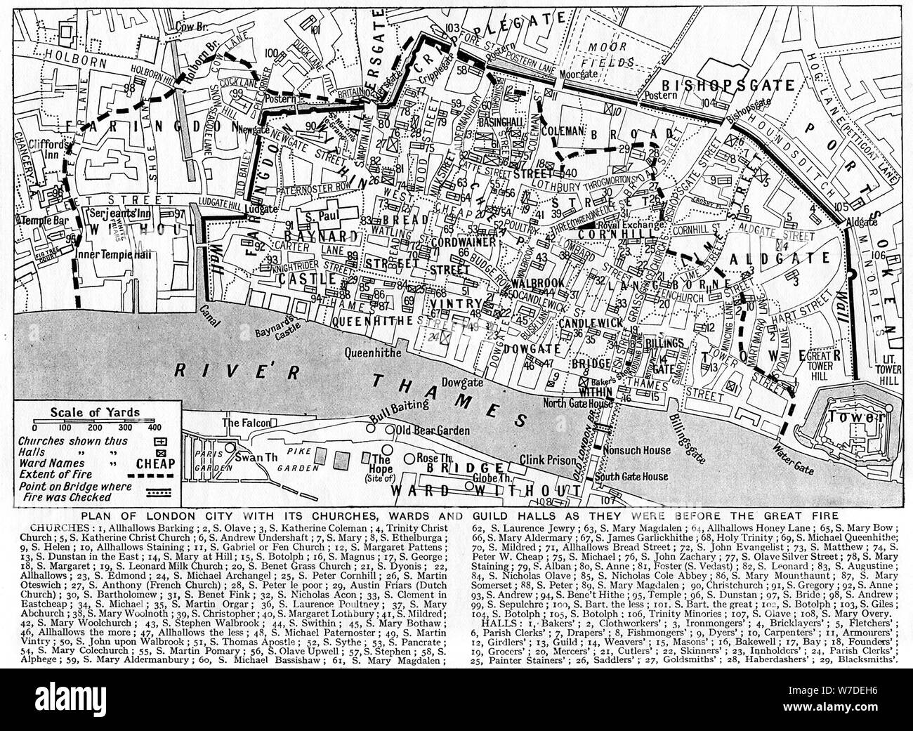 Pianta della città di Londra che mostra le chiese, reparti e Guild Halls, 1926-1927. Artista: sconosciuto Foto Stock