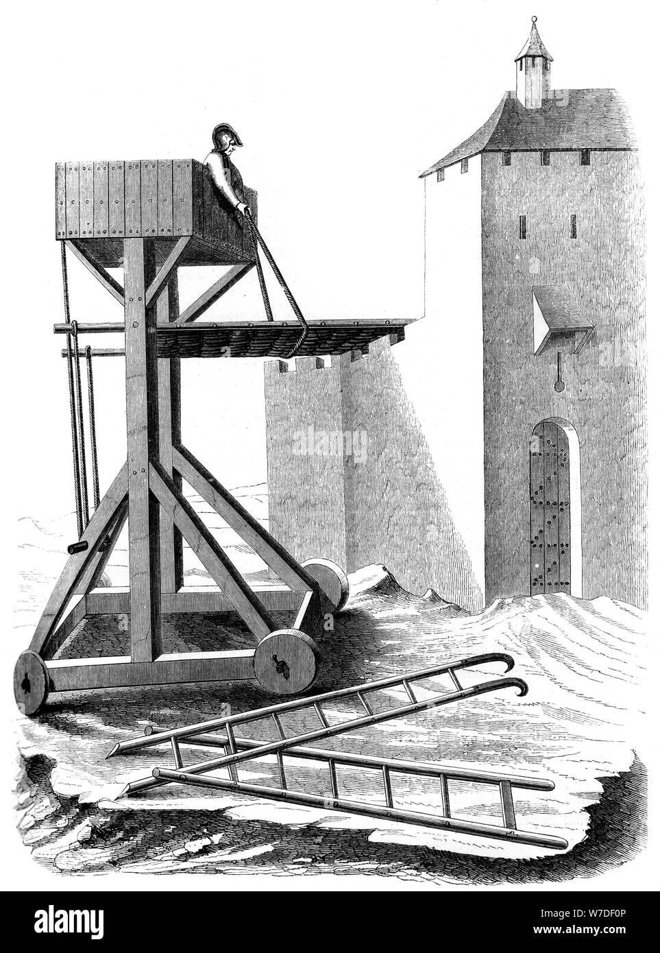Un assedio assault piattaforma, XV secolo (1849). Artista: sconosciuto Foto Stock