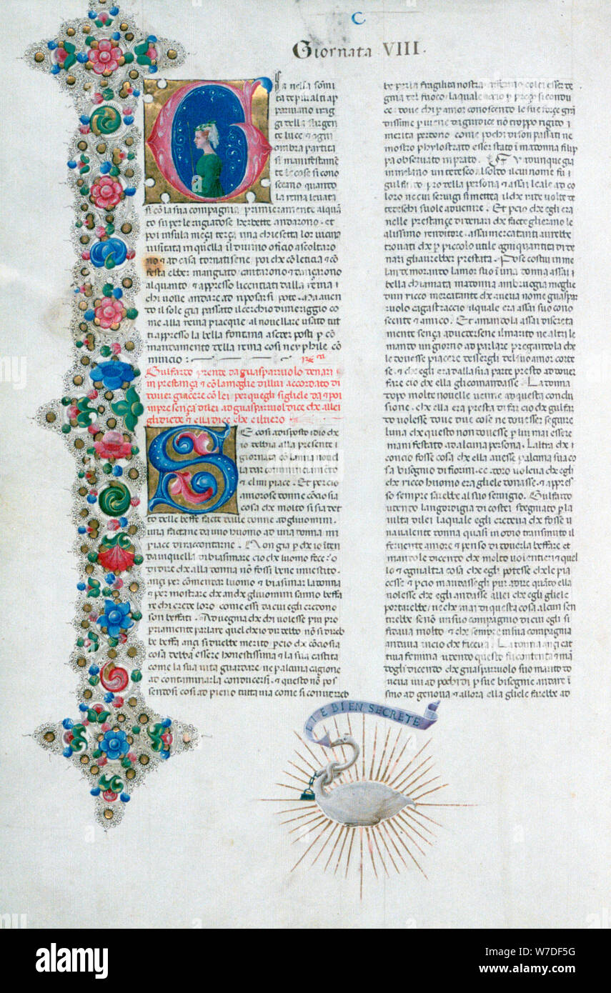 Manoscritto illuminato pagina dal Decameron di Giovanni Boccaccio, italiano, c1467. Artista: Taddeo Crivelli Foto Stock