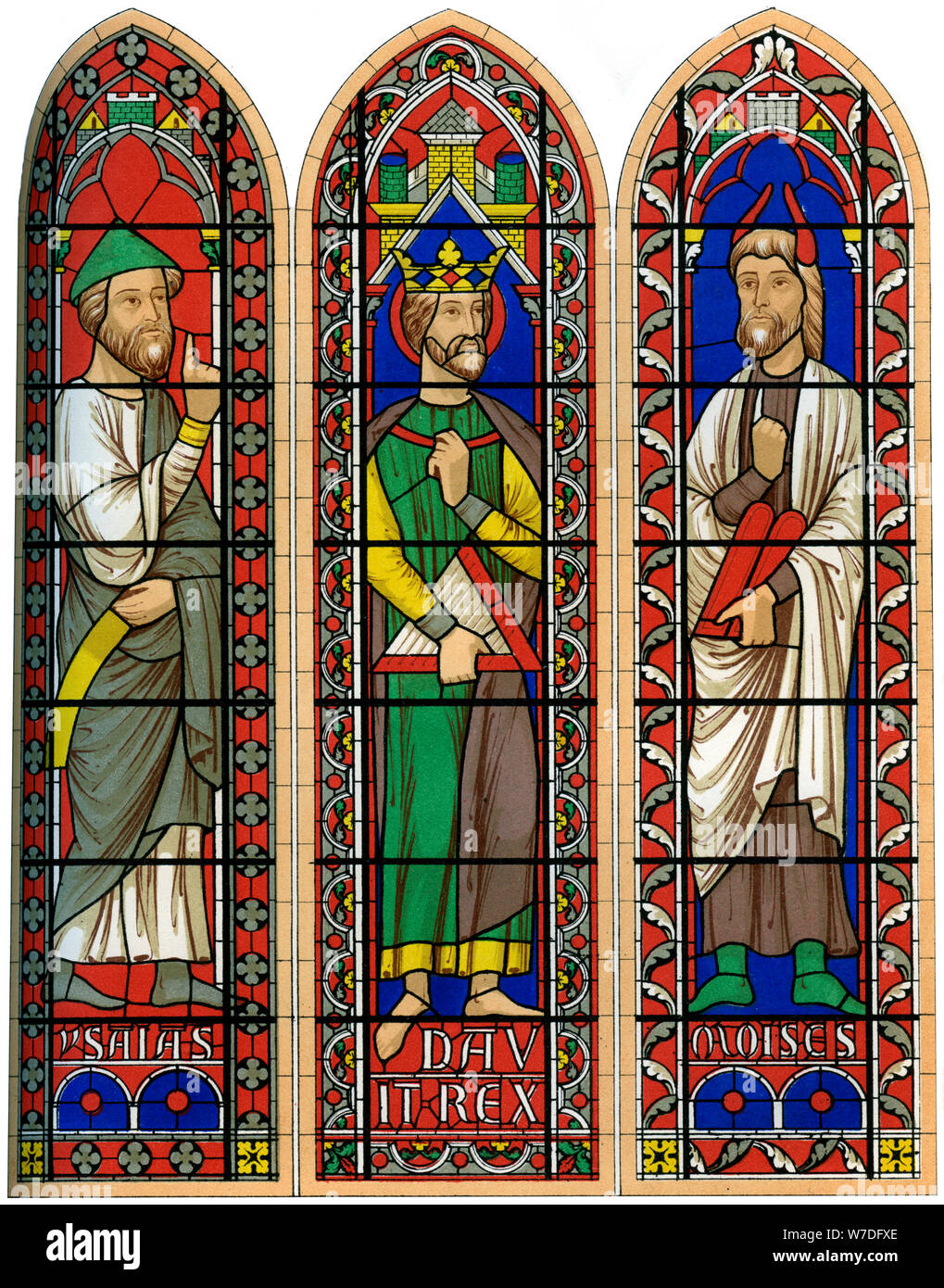 Il vetro macchiato di Mosè, il re Davide e Isaia, Cattedrale di Bourges, XIII secolo (1849).Artista: Lemercier Foto Stock