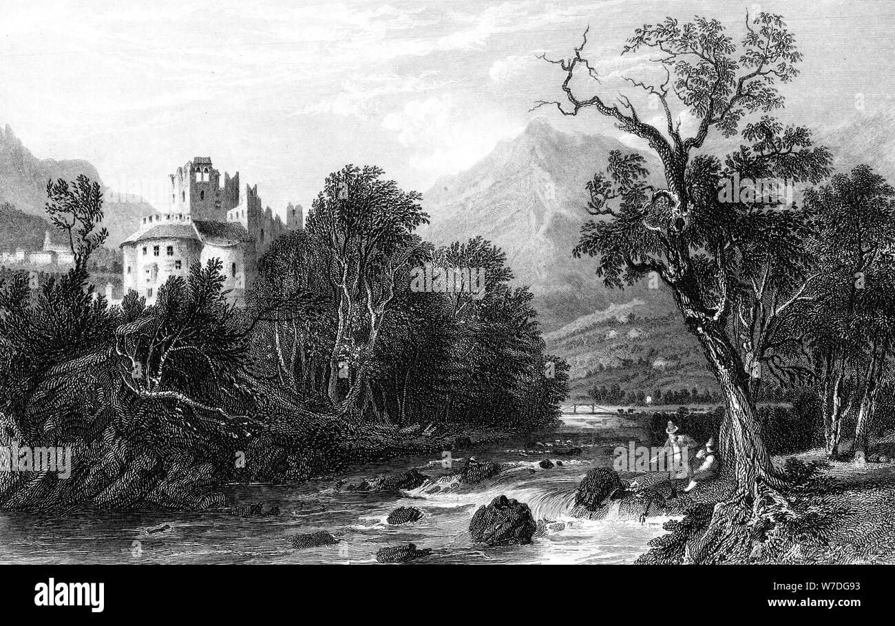 Un castello da un fiume, XIX secolo.Artista: S Lacy Foto Stock