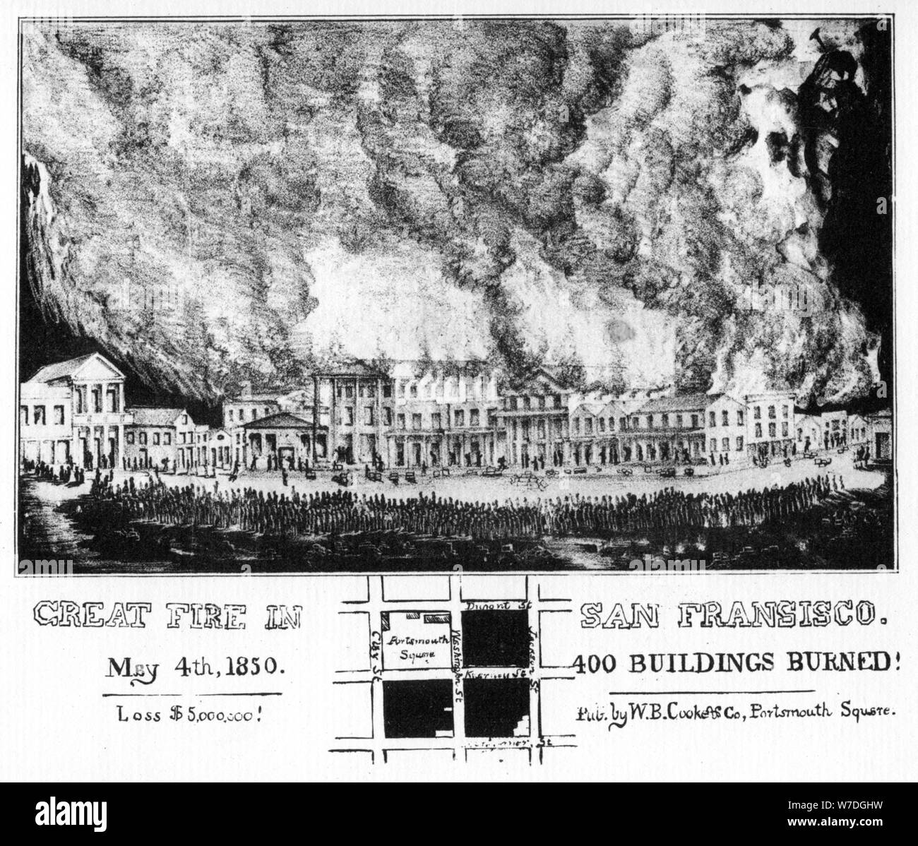 Il grande incendio di San Francisco, California, 1850 (1937). Artista: sconosciuto Foto Stock