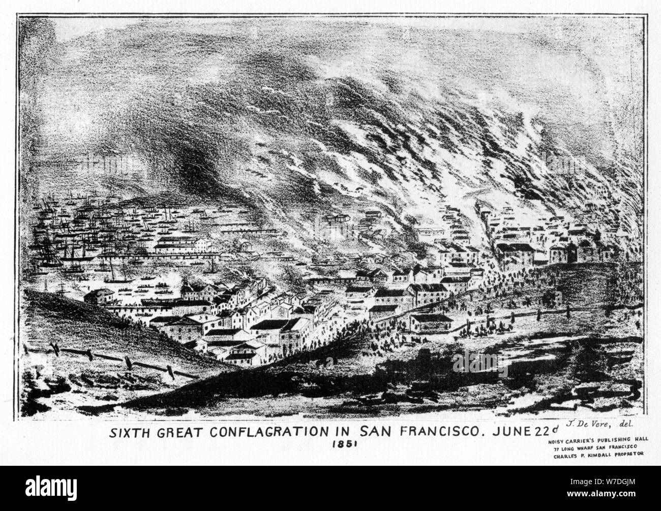 "Sesta grande conflagrazione in San Francisco', Californa, 1851 (1937).Artista: J de Vere Foto Stock