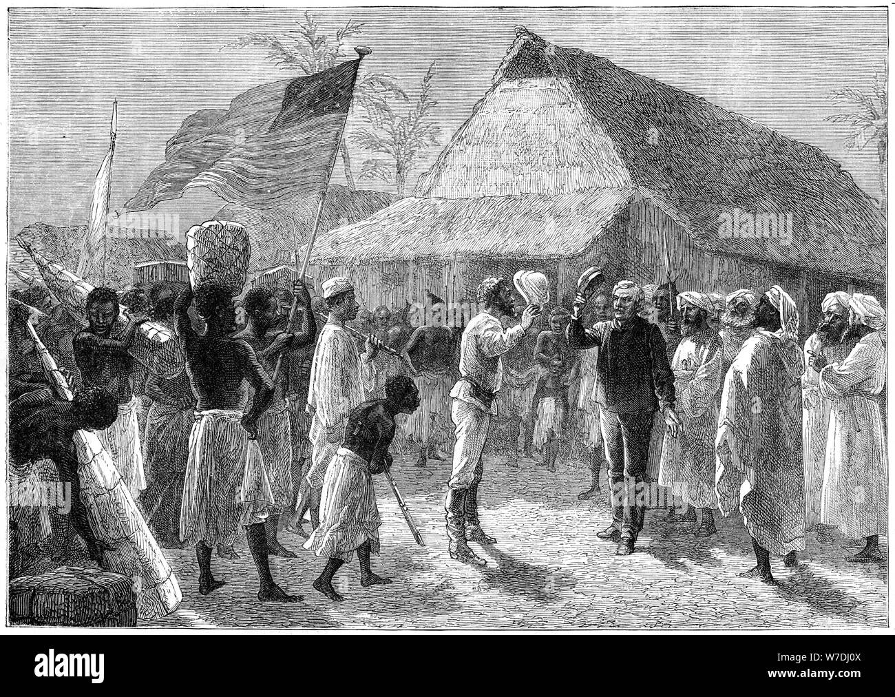 La riunione tra Henry Morton Stanley e il dottor David Livingstone, Africa del XIX secolo. Artista: sconosciuto Foto Stock