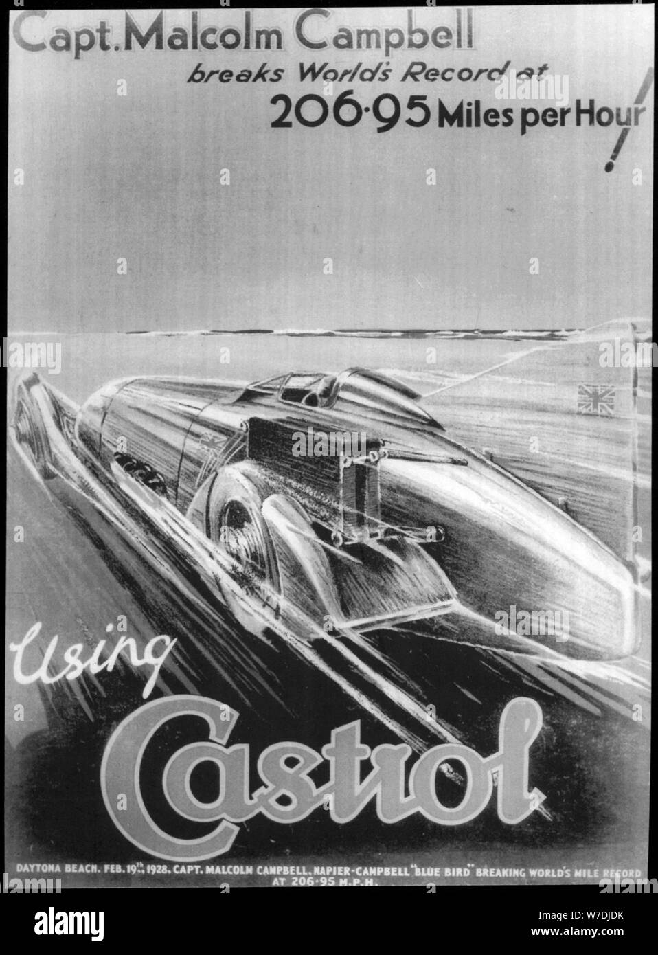 Malcolm Campbell rompe record di velocità su terra, 19 febbraio 1928. Artista: sconosciuto Foto Stock