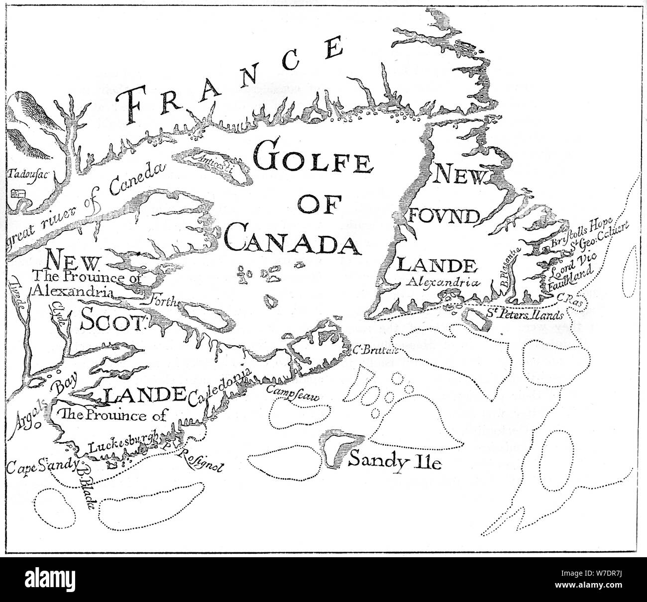 Mappa vecchia di Acadia, xvii secolo (c1880). Artista: sconosciuto Foto Stock