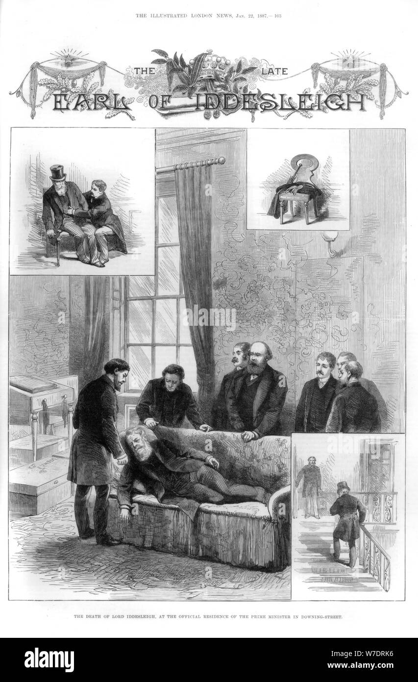 La morte del Signore Iddesleigh a Downing Street, Londra, 1887. Artista: sconosciuto Foto Stock