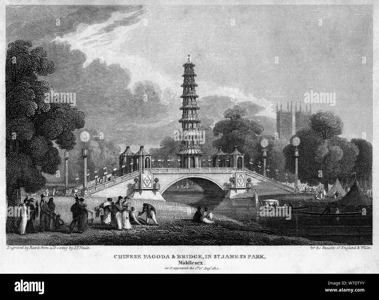 La pagoda cinese e il ponte, St James Park, Westminster, London, 1814.Artista: Rawle Foto Stock