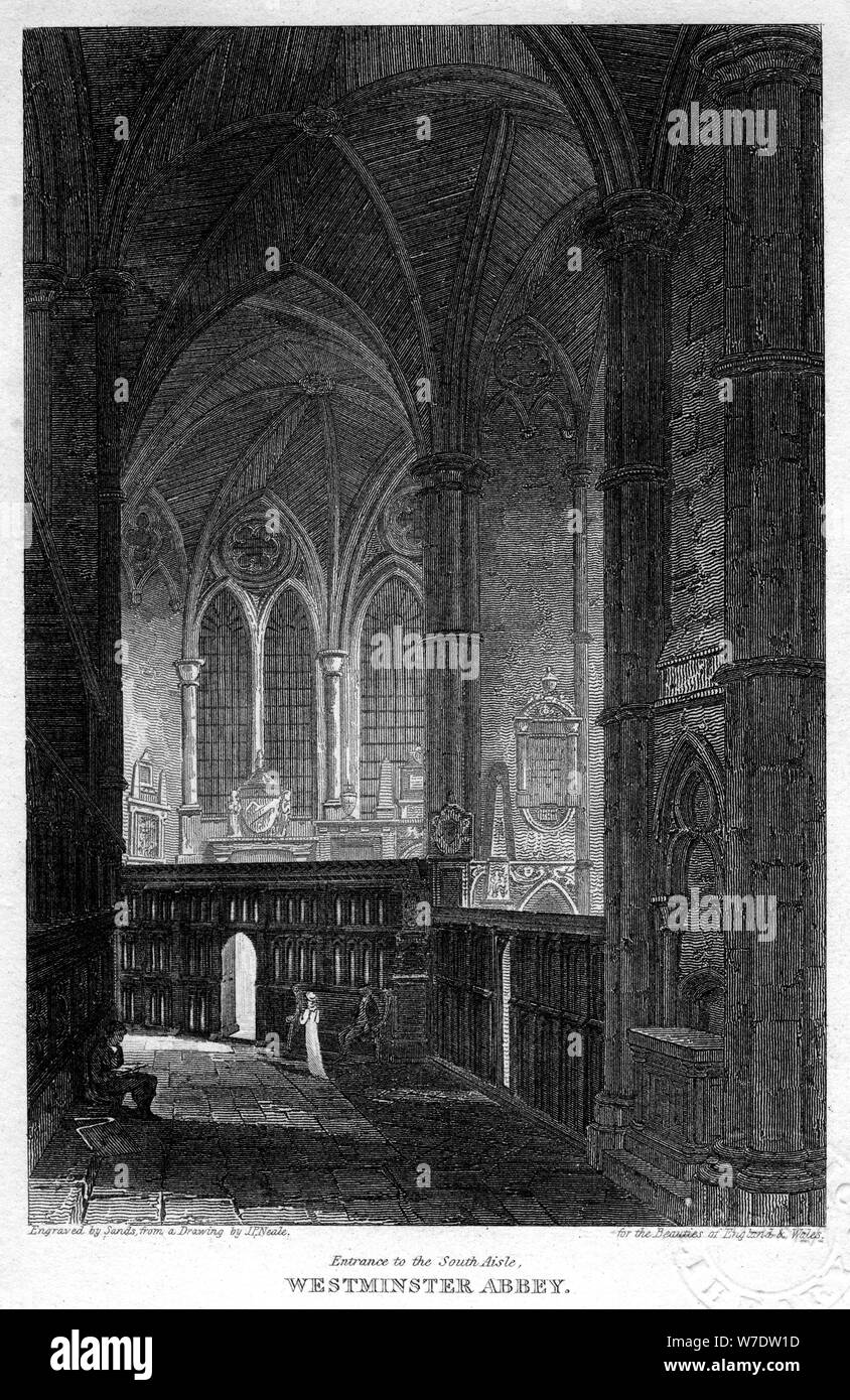 Ingresso alla navata meridionale, l'Abbazia di Westminster, Londra, 1816.Artista: Sands Foto Stock