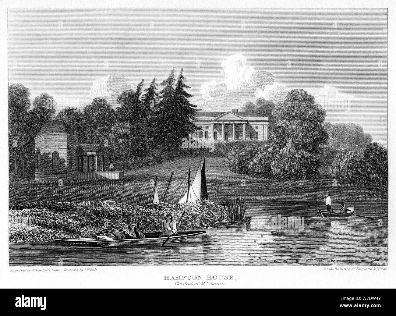 "Hampton House, sede del signor Garrick', Hampton, Richmond Upon Thames, London, 1815.Artista: William Radclyffe Foto Stock
